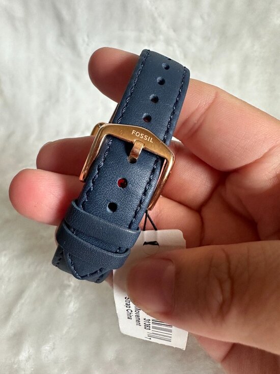 NWT! Fossil ES4158 Raquel Rectangular Watch With Navy Leather Strap In Rose Gold